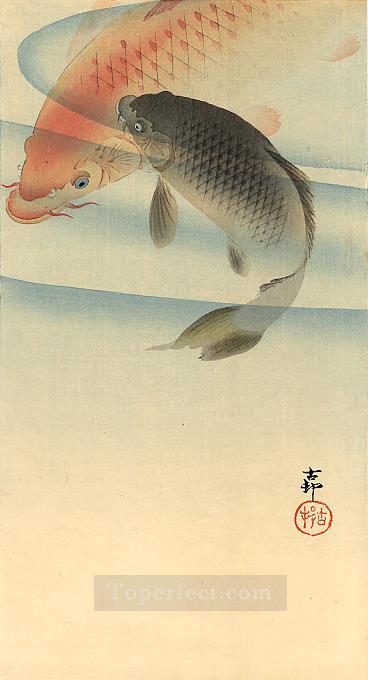 two koi carps Ohara Koson fish Oil Paintings